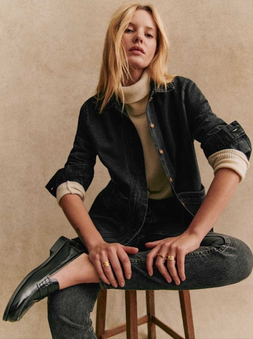 Sézane Will Forever Jacket Black Washed Denim Womens Small Jean Chore Coat